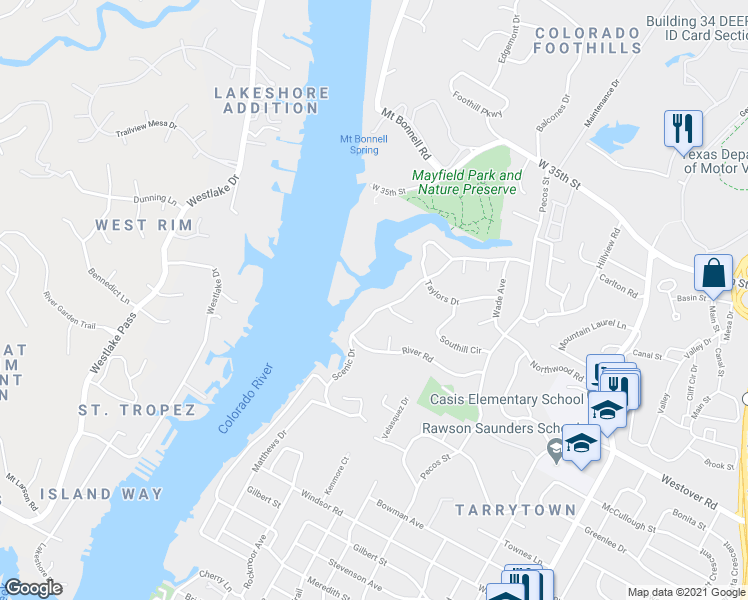 map of restaurants, bars, coffee shops, grocery stores, and more near 2712 Scenic Drive in Austin