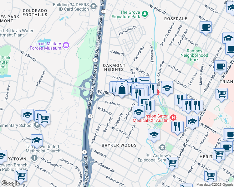 map of restaurants, bars, coffee shops, grocery stores, and more near 1813 West 36th Street in Austin