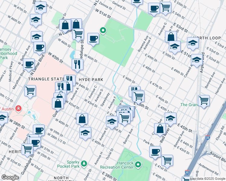 map of restaurants, bars, coffee shops, grocery stores, and more near 4501 Speedway in Austin