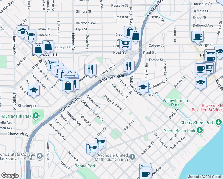 map of restaurants, bars, coffee shops, grocery stores, and more near 1254 Lechlade Street in Jacksonville