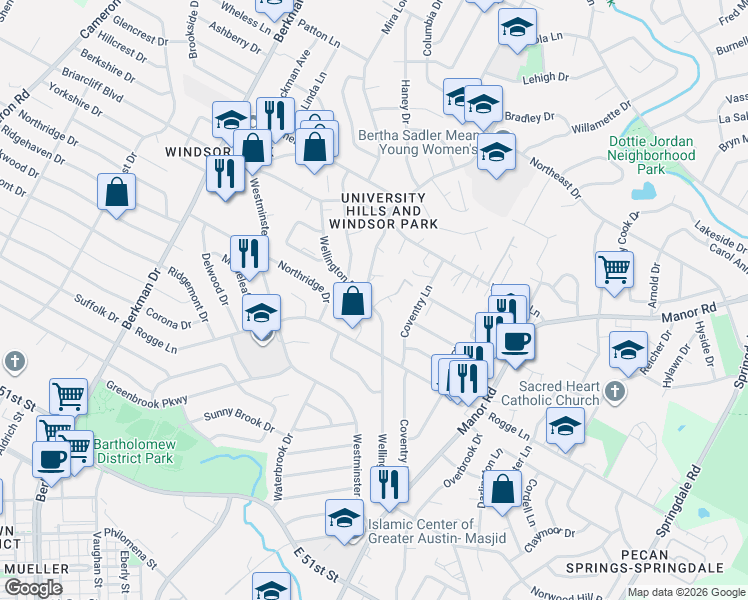 map of restaurants, bars, coffee shops, grocery stores, and more near 5703 North Hampton Drive in Austin