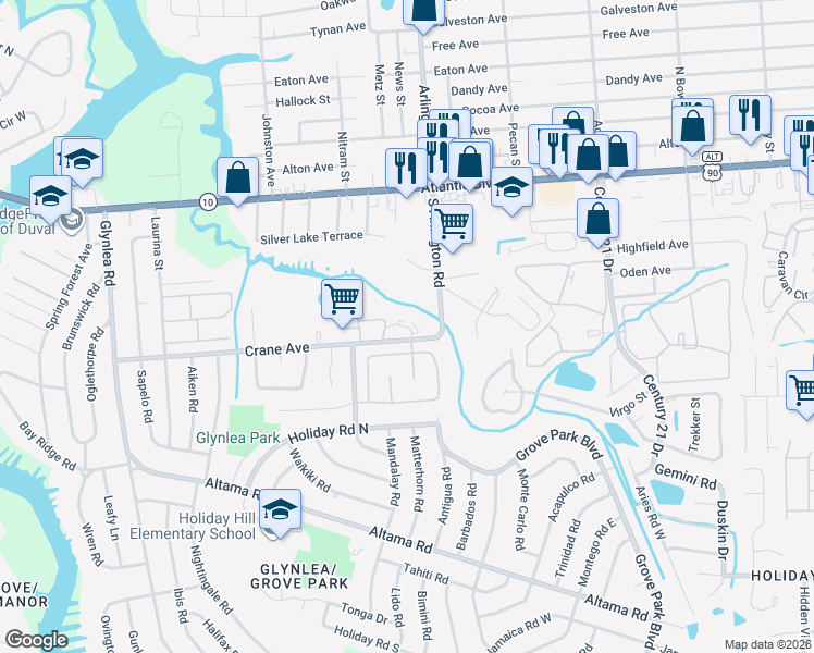 map of restaurants, bars, coffee shops, grocery stores, and more near 7225 Crane Avenue in Jacksonville