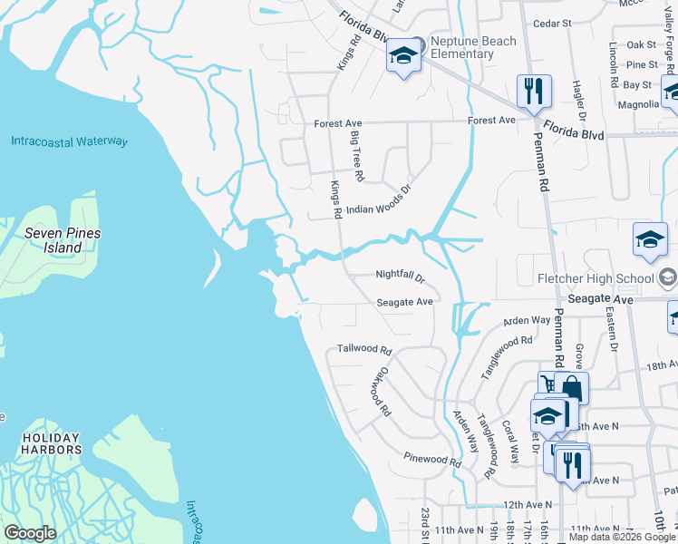 map of restaurants, bars, coffee shops, grocery stores, and more near 1908 Nightfall Drive in Neptune Beach
