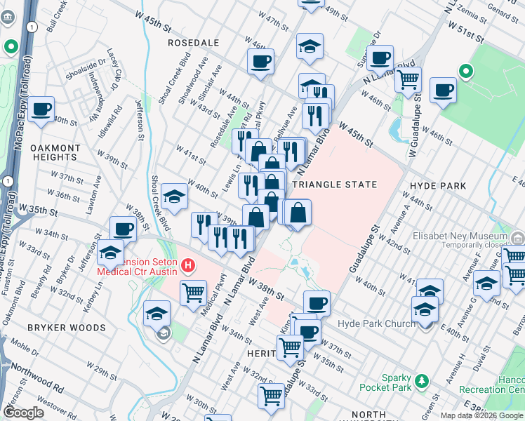 map of restaurants, bars, coffee shops, grocery stores, and more near 1005 West 41st Street in Austin