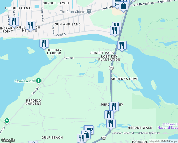 map of restaurants, bars, coffee shops, grocery stores, and more near 540 Lost Key Drive in Pensacola