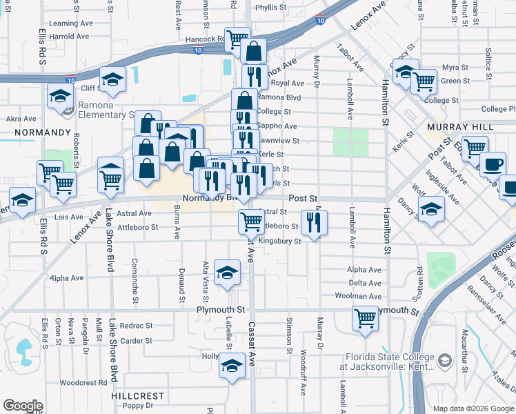 map of restaurants, bars, coffee shops, grocery stores, and more near 4842 Post Street in Jacksonville