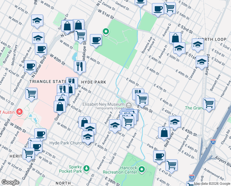 map of restaurants, bars, coffee shops, grocery stores, and more near 4509 Speedway in Austin