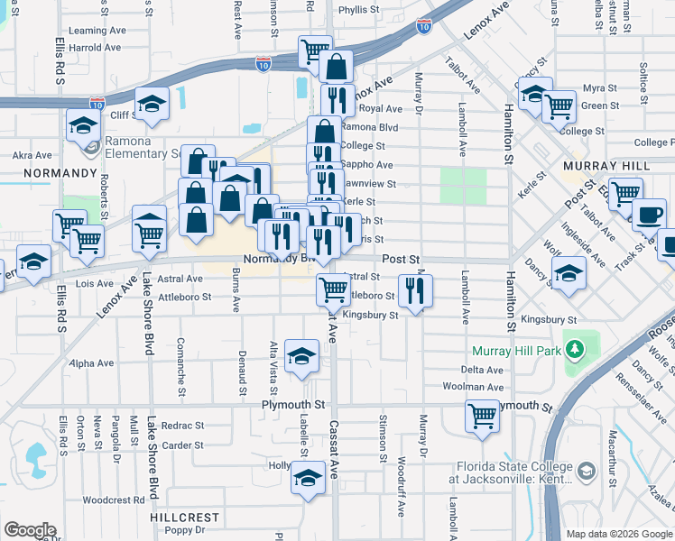 map of restaurants, bars, coffee shops, grocery stores, and more near 4842 Post Street in Jacksonville