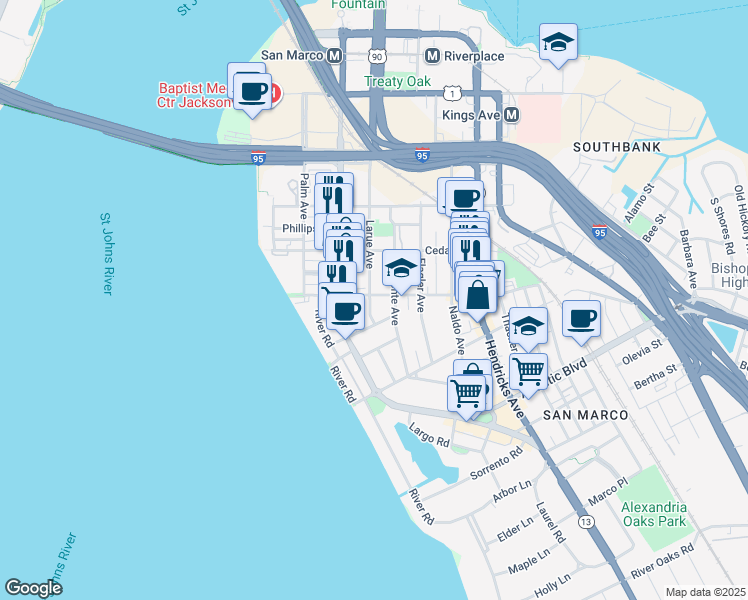 map of restaurants, bars, coffee shops, grocery stores, and more near 1131 Lasalle Street in Jacksonville