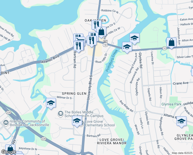 map of restaurants, bars, coffee shops, grocery stores, and more near 1919 University Boulevard South in Jacksonville