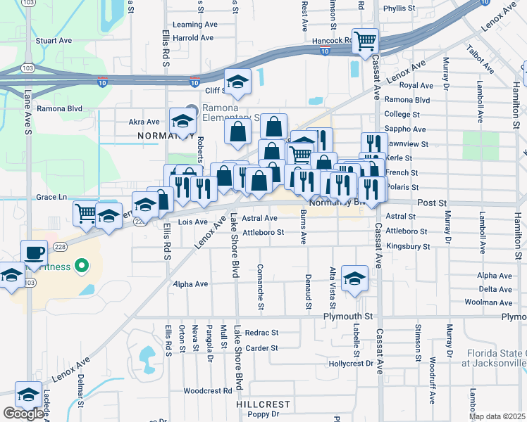 map of restaurants, bars, coffee shops, grocery stores, and more near 5318 Normandy Boulevard in Jacksonville