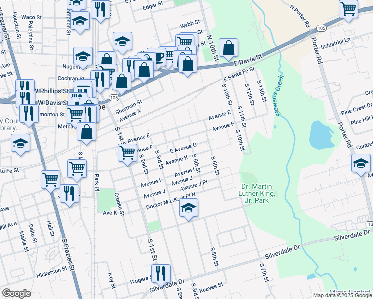 map of restaurants, bars, coffee shops, grocery stores, and more near 609 East Avenue G in Conroe