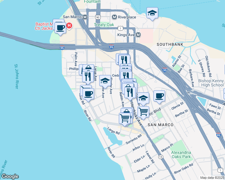 map of restaurants, bars, coffee shops, grocery stores, and more near 1305 Lasalle Street in Jacksonville