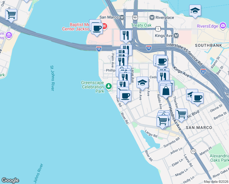 map of restaurants, bars, coffee shops, grocery stores, and more near 923 Lasalle Street in Jacksonville