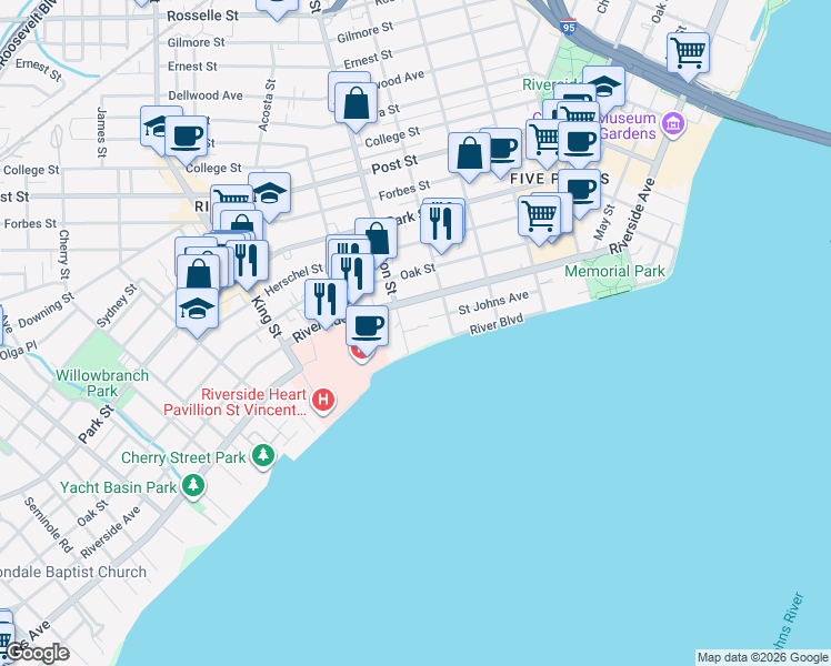 map of restaurants, bars, coffee shops, grocery stores, and more near 2358 Riverside Avenue in Jacksonville