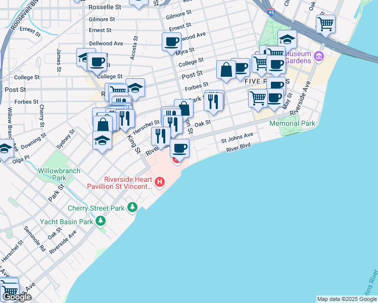 map of restaurants, bars, coffee shops, grocery stores, and more near 1750 Stockton Street in Jacksonville
