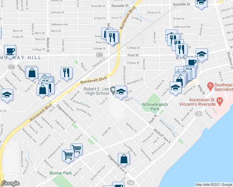 map of restaurants, bars, coffee shops, grocery stores, and more near 2994 Remington Street in Jacksonville