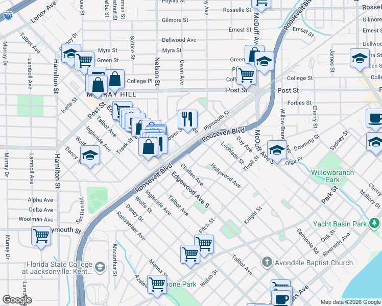 map of restaurants, bars, coffee shops, grocery stores, and more near 1211 Hollywood Avenue in Jacksonville