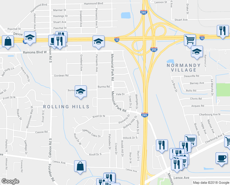 map of restaurants, bars, coffee shops, grocery stores, and more near 7632 Contour Drive in Jacksonville
