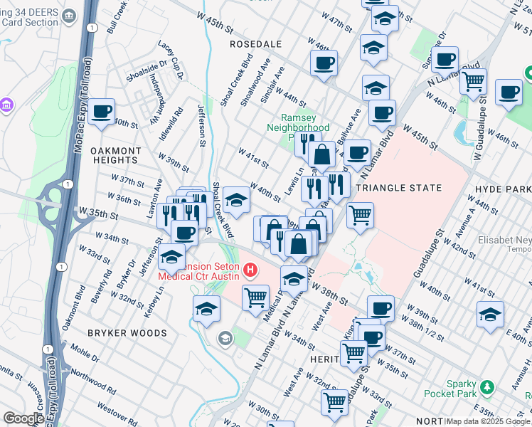 map of restaurants, bars, coffee shops, grocery stores, and more near 1405 West 39th 1/2 Street in Austin