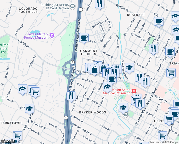map of restaurants, bars, coffee shops, grocery stores, and more near in Austin
