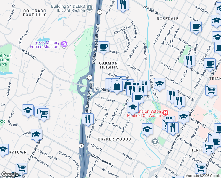 map of restaurants, bars, coffee shops, grocery stores, and more near 1904 West 35th Street in Austin