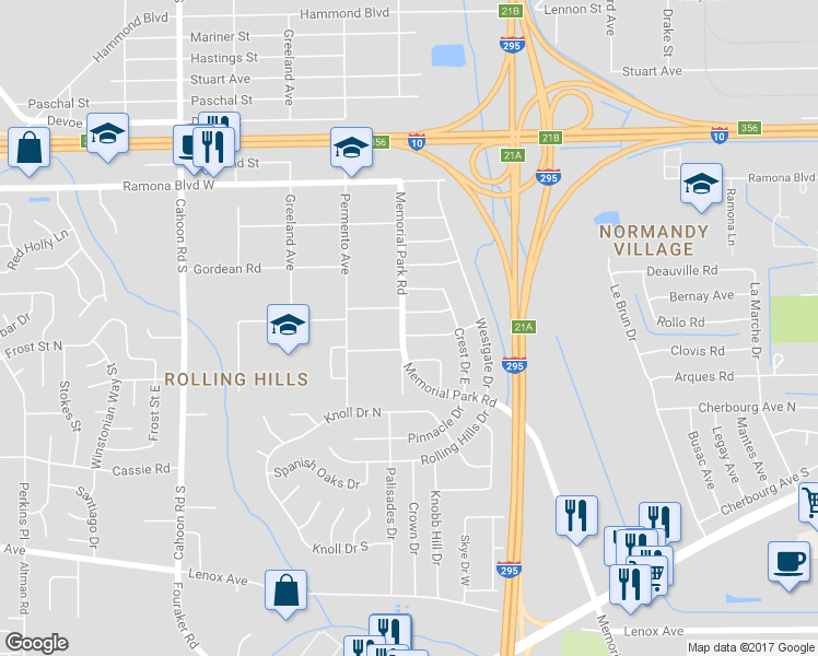 map of restaurants, bars, coffee shops, grocery stores, and more near 7632 Contour Drive in Jacksonville