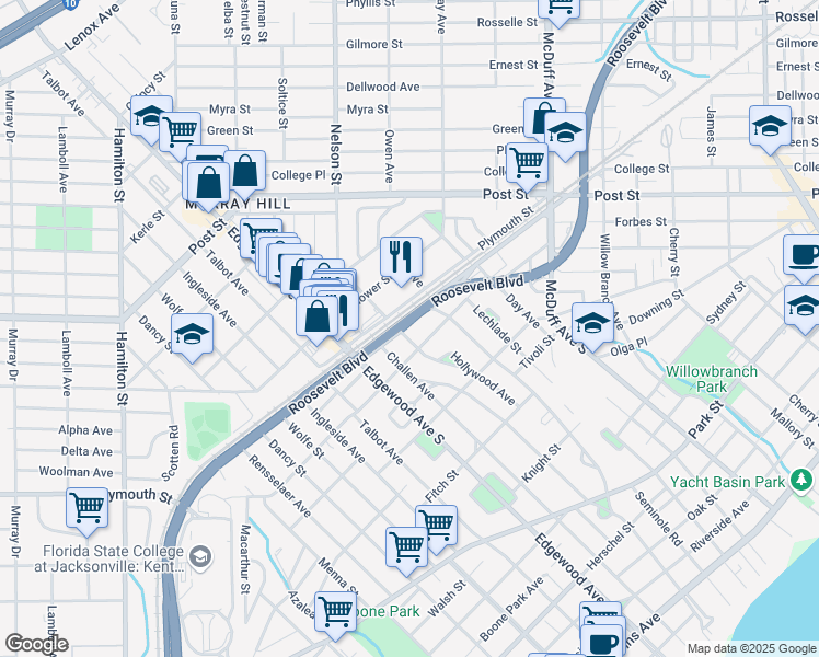 map of restaurants, bars, coffee shops, grocery stores, and more near 1211 Hollywood Avenue in Jacksonville