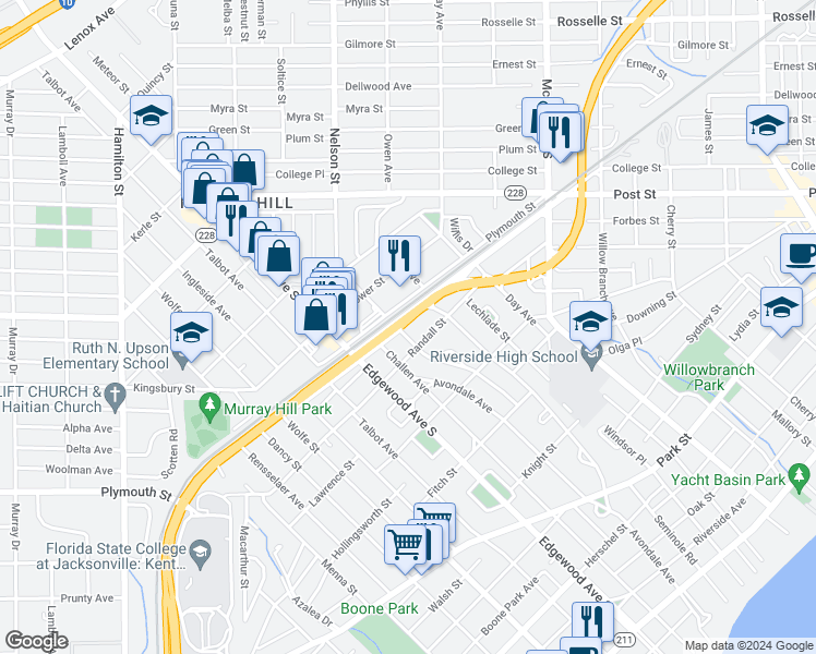 map of restaurants, bars, coffee shops, grocery stores, and more near 1211 Hollywood Avenue in Jacksonville