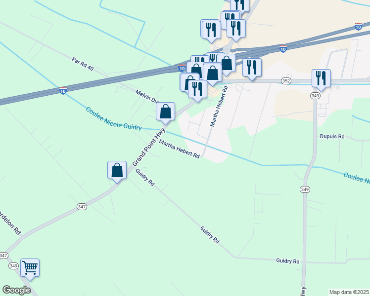 map of restaurants, bars, coffee shops, grocery stores, and more near 1102 Martha Hebert Road in Breaux Bridge