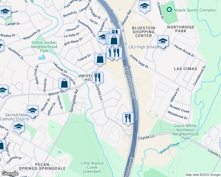 map of restaurants, bars, coffee shops, grocery stores, and more near 4720 Loyola Lane in Austin