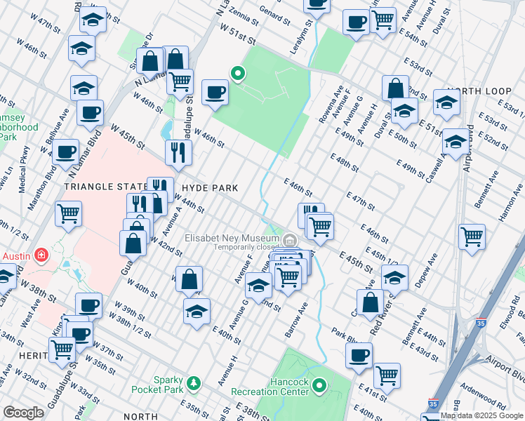 map of restaurants, bars, coffee shops, grocery stores, and more near 4503 Speedway in Austin