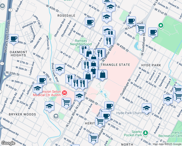 map of restaurants, bars, coffee shops, grocery stores, and more near 1005 West 41st Street in Austin