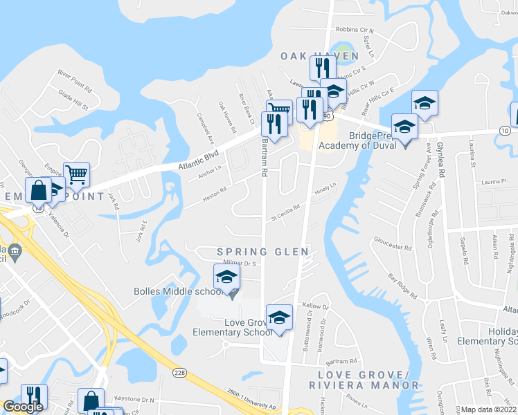 map of restaurants, bars, coffee shops, grocery stores, and more near 1838 Bartram Road in Jacksonville