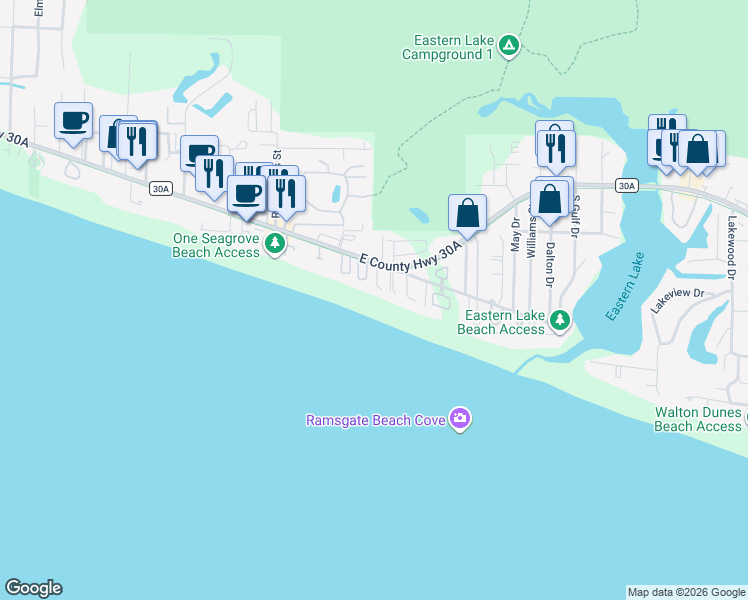 map of restaurants, bars, coffee shops, grocery stores, and more near 60 Sea Turtle Drive in Santa Rosa Beach