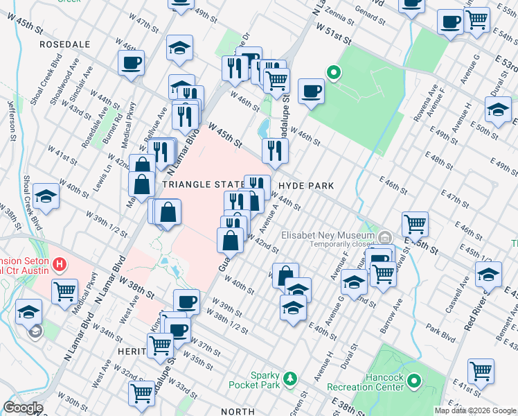 map of restaurants, bars, coffee shops, grocery stores, and more near 4301 Guadalupe Street in Austin