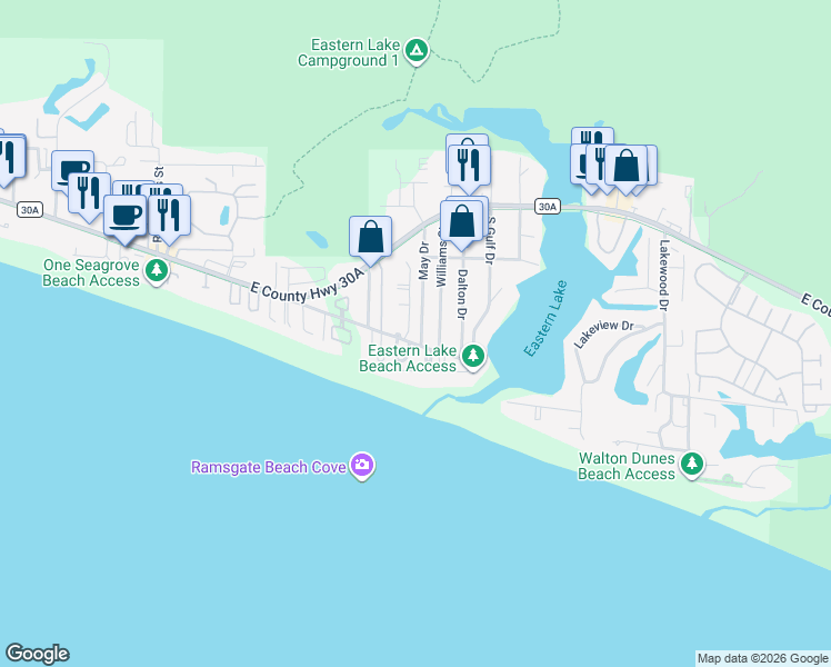 map of restaurants, bars, coffee shops, grocery stores, and more near 247 May Drive in Santa Rosa Beach