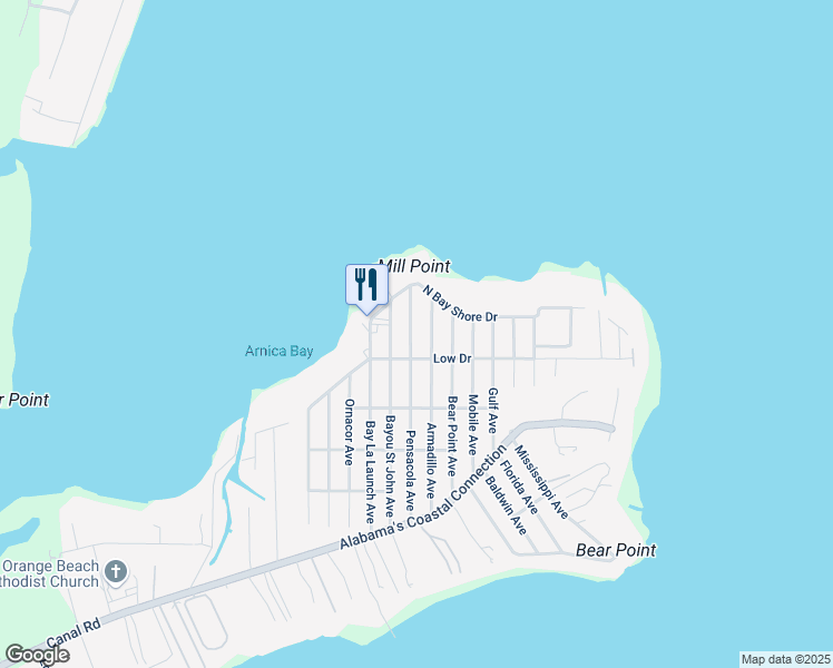 map of restaurants, bars, coffee shops, grocery stores, and more near 5710 Armadillo Avenue in Orange Beach