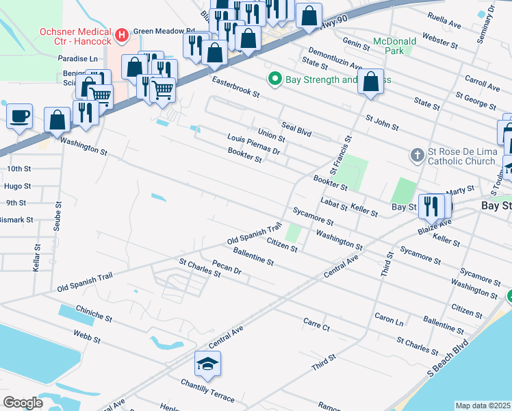 map of restaurants, bars, coffee shops, grocery stores, and more near 641 Washington Street in Bay St. Louis