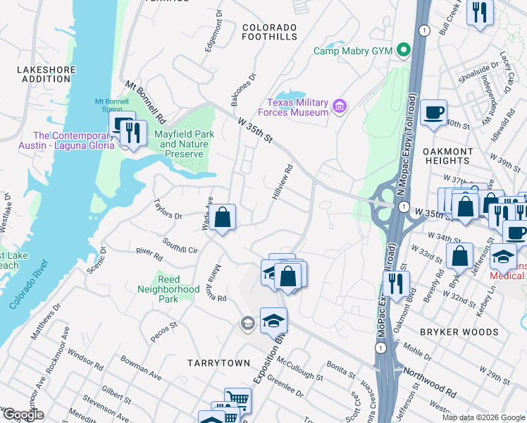 map of restaurants, bars, coffee shops, grocery stores, and more near 3100 Hillview Road in Austin