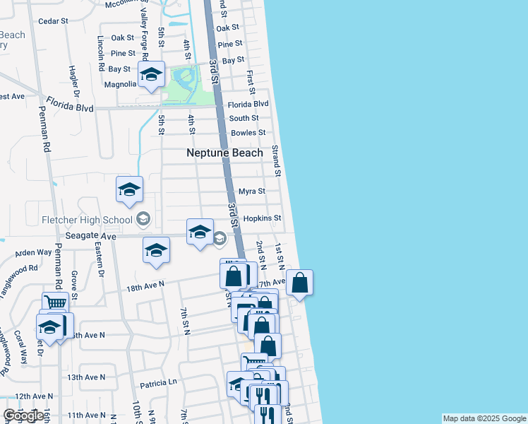 map of restaurants, bars, coffee shops, grocery stores, and more near 207 Margaret Street in Neptune Beach