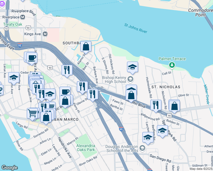 map of restaurants, bars, coffee shops, grocery stores, and more near 2205 Southampton Road in Jacksonville