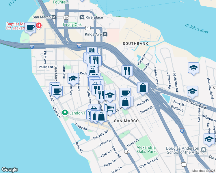 map of restaurants, bars, coffee shops, grocery stores, and more near 1603 Minerva Avenue in Jacksonville