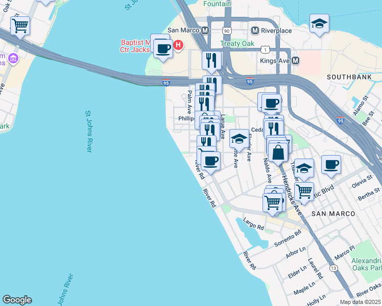 map of restaurants, bars, coffee shops, grocery stores, and more near 923 Lasalle Street in Jacksonville