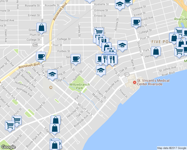 map of restaurants, bars, coffee shops, grocery stores, and more near 2795 Park Street in Jacksonville