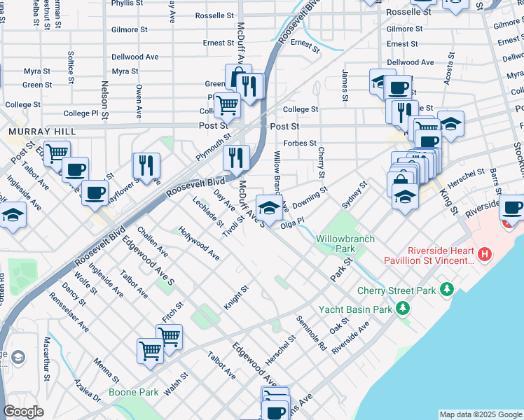 map of restaurants, bars, coffee shops, grocery stores, and more near 2959 Downing Street in Jacksonville