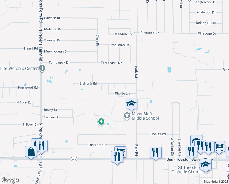 map of restaurants, bars, coffee shops, grocery stores, and more near 1102 Shellie Lane in Lake Charles