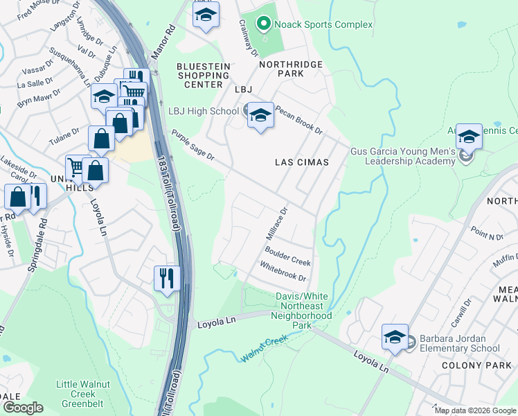 map of restaurants, bars, coffee shops, grocery stores, and more near 5505 Purple Sage Drive in Austin
