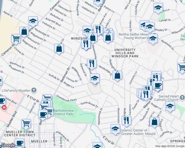 map of restaurants, bars, coffee shops, grocery stores, and more near 5602 Westminster Drive in Austin