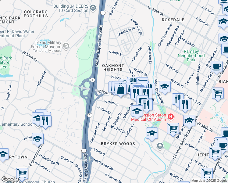 map of restaurants, bars, coffee shops, grocery stores, and more near 1904 West 35th Street in Austin